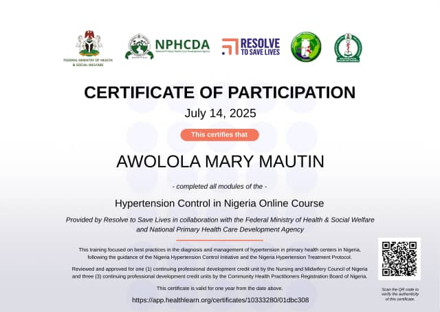 Certificate preview for AWOLOLA MARY MAUTIN for the course Hypertension Control in Nigeria