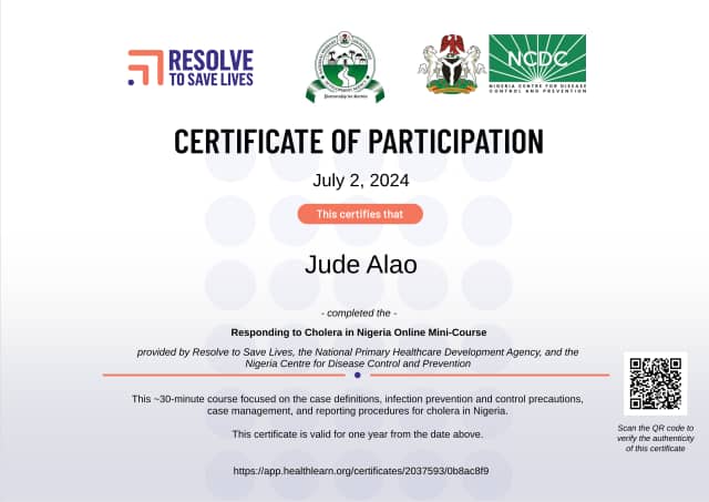 Certificate preview for Jude Alao for the course Responding to Cholera in Nigeria
