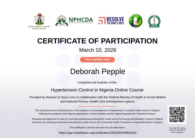 Certificate preview for Deborah Pepple for the course Hypertension Control in Nigeria