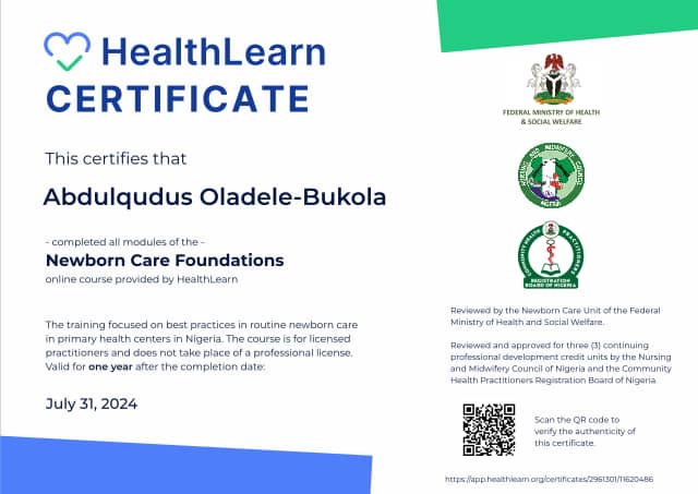 Certificate preview for Abdulqudus Oladele-Bukola for the course Newborn Care Foundations