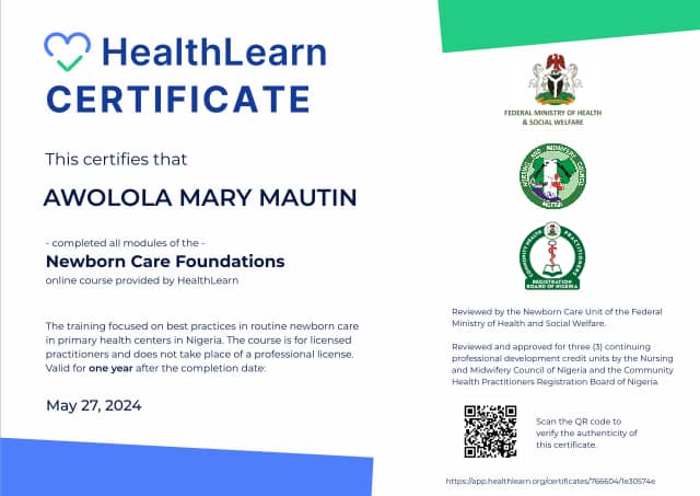 Certificate preview for AWOLOLA MARY MAUTIN for the course Newborn Care Foundations