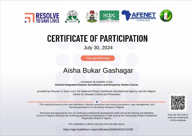 Certificate preview for Aisha Bukar Gashagar for the course Clinical IDSR (2024)