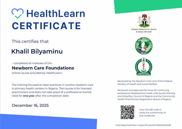Certificate preview for Khalil Bilyaminu for the course Newborn Care Foundations