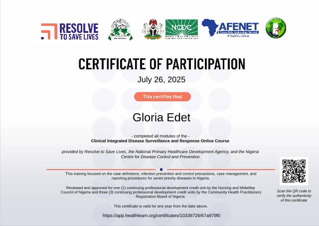 Certificate preview for Gloria Edet for the course Clinical IDSR