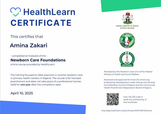 Certificate preview for Amina Zakari for the course Newborn Care Foundations