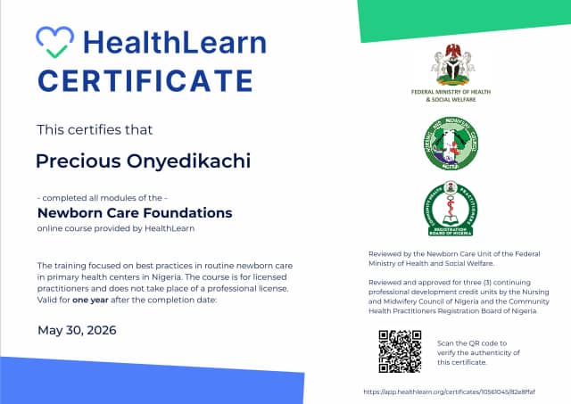 Certificate preview for Precious Onyedikachi for the course Newborn Care Foundations