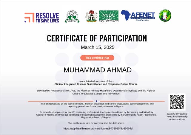 Certificate preview for MUHAMMAD AHMAD for the course Clinical IDSR (2024)