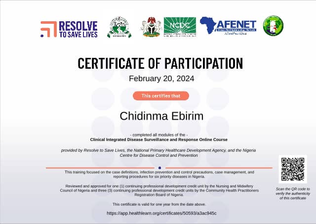 Certificate preview for Chidinma Ebirim for the course Clinical IDSR (2024)