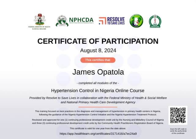 Certificate preview for James Opatola for the course Hypertension Control in Nigeria
