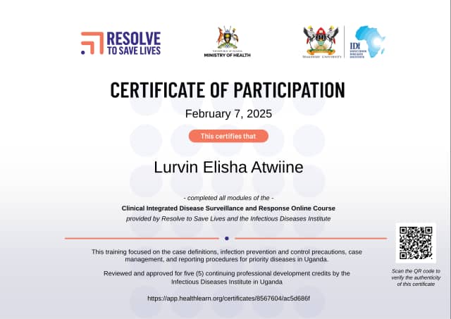 Certificate preview for Lurvin Elisha Atwiine for the course Uganda Clinical IDSR