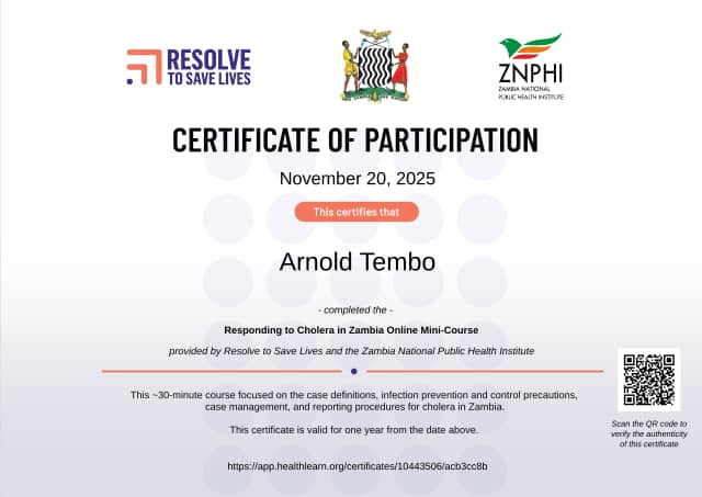 Certificate preview for Arnold Tembo for the course Responding to cholera in Zambia