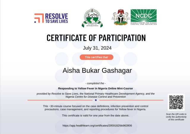 Certificate preview for Aisha Bukar Gashagar for the course Responding to Yellow Fever in Nigeria