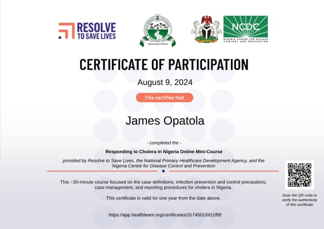 Certificate preview for James Opatola for the course Responding to Cholera in Nigeria