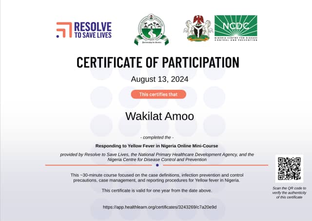 Certificate preview for Wakilat Amoo for the course Responding to Yellow Fever in Nigeria