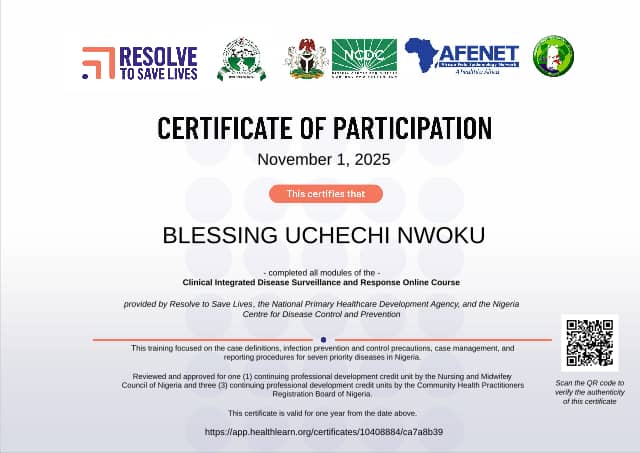 Certificate preview for BLESSING UCHECHI NWOKU for the course Clinical IDSR