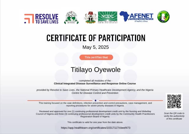 Certificate preview for Titilayo Oyewole for the course Clinical IDSR