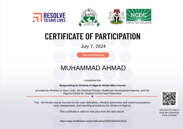Certificate preview for MUHAMMAD AHMAD for the course Responding to Cholera in Nigeria