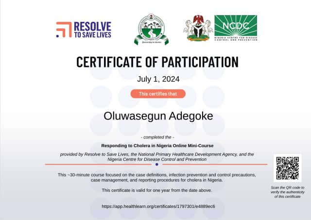 Certificate preview for Oluwasegun Adegoke for the course Responding to Cholera in Nigeria